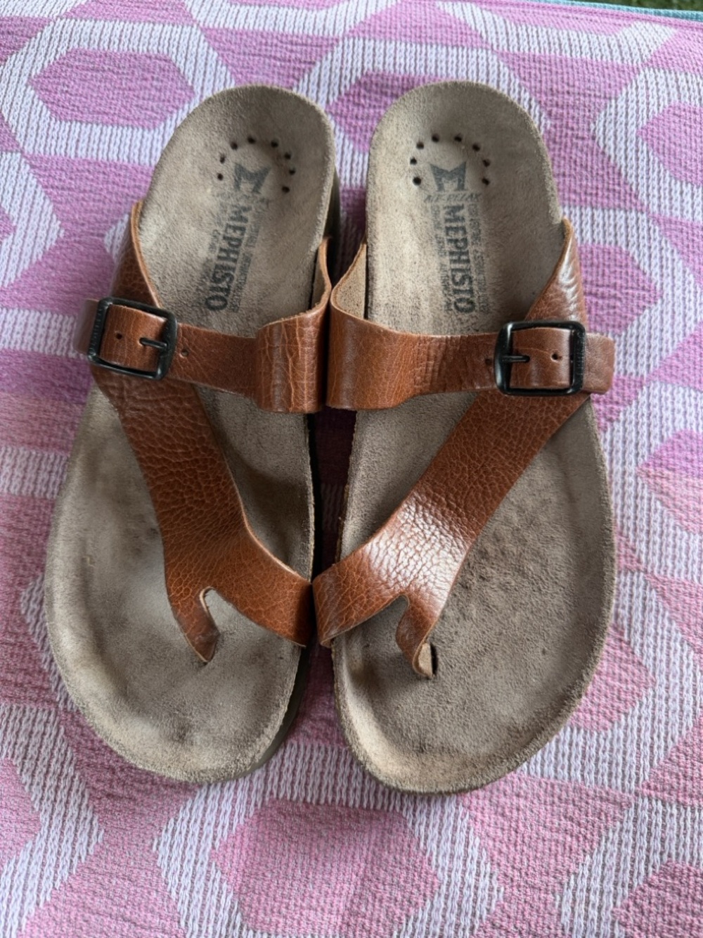 Mephisto Brown Leather Adjustable Toe-Post Sandals